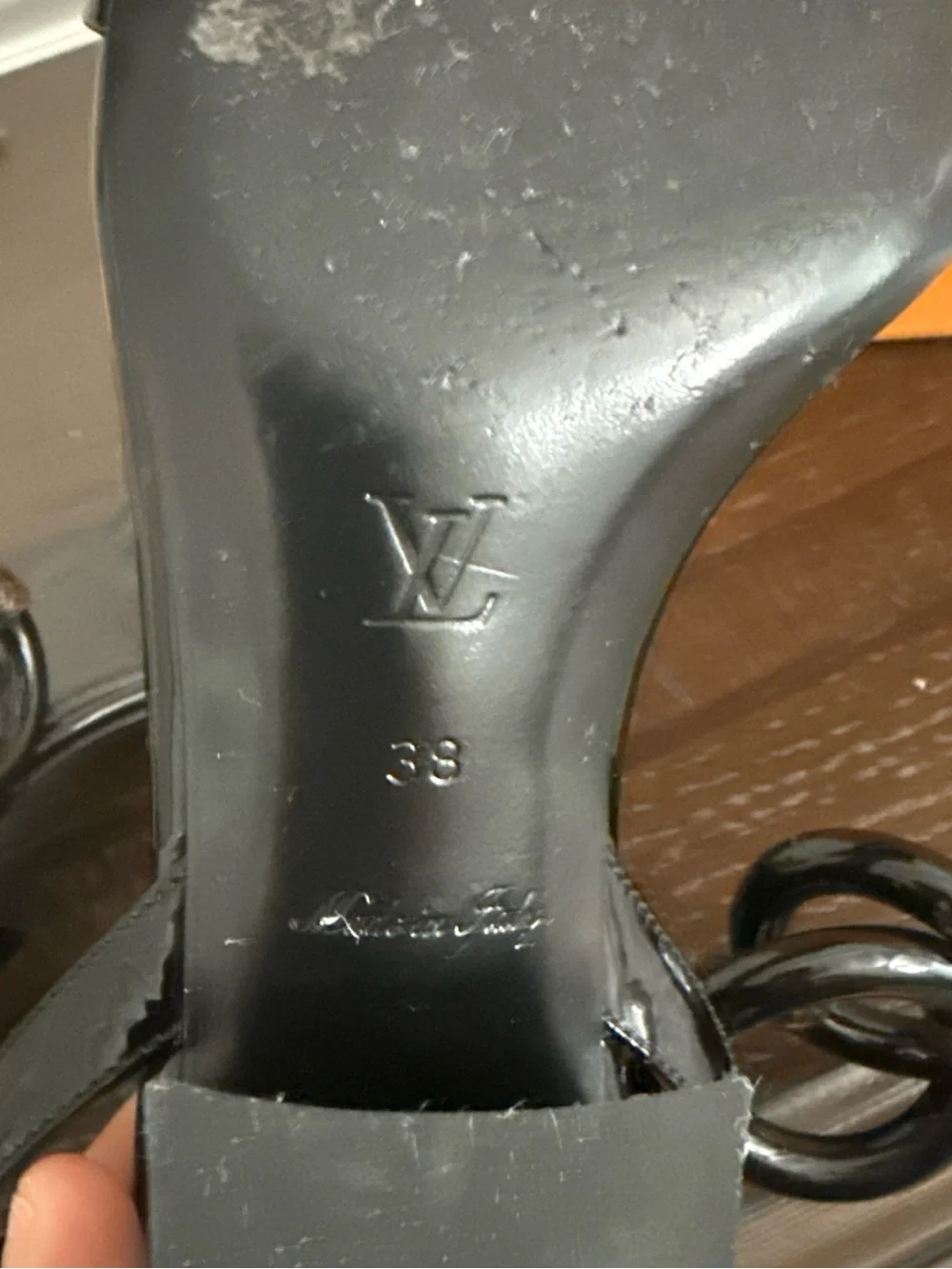 Louis Vuitton Black Patent & Monogram Link Sandals